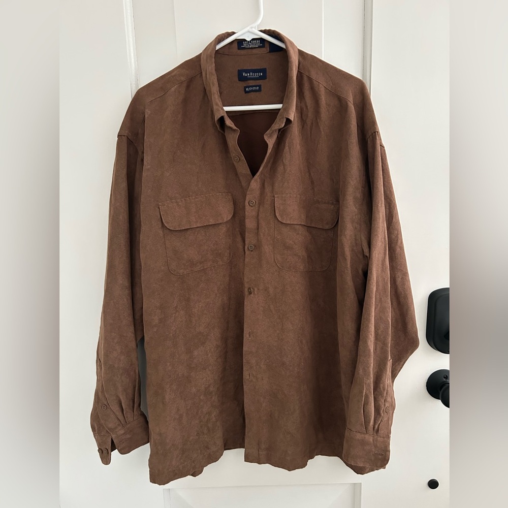 Van Heusen Soft Suede Brown Long Sleeve Button Down Shirt Size XL Western